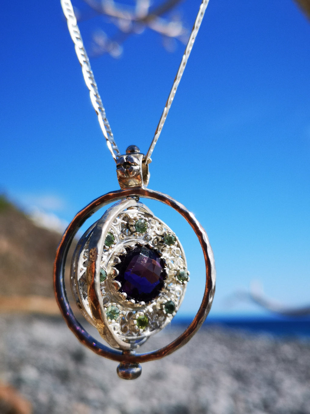 Amethyst and Moissanite Silver Spinning Pendant