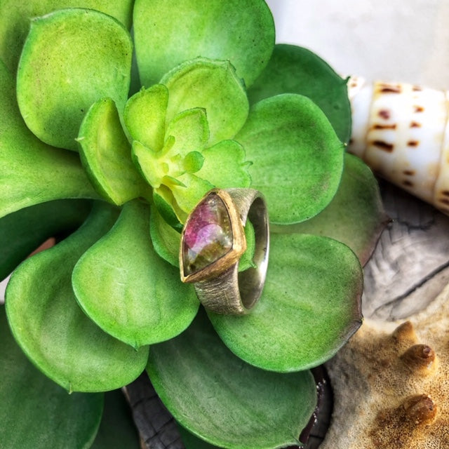 Watermelon Turmaline Silver and Gold Ring